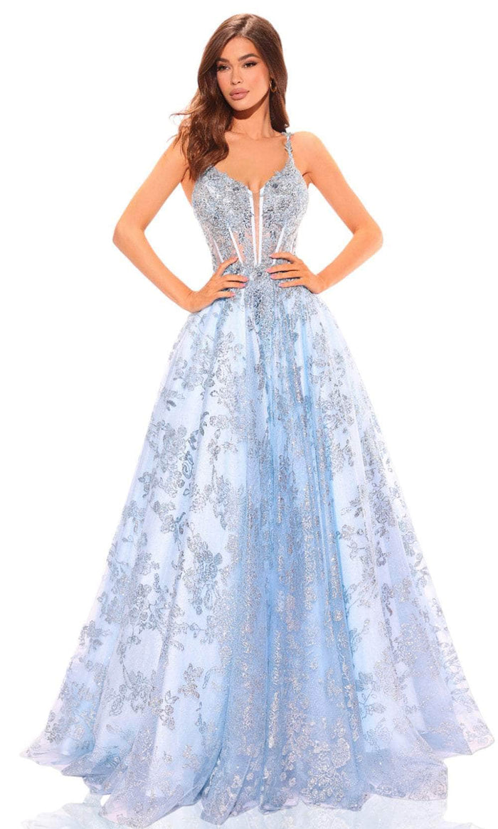 Amarra 88741 - Floral Lace Appliqued Prom Gown Special Occasion Dress 00 / Light Blue