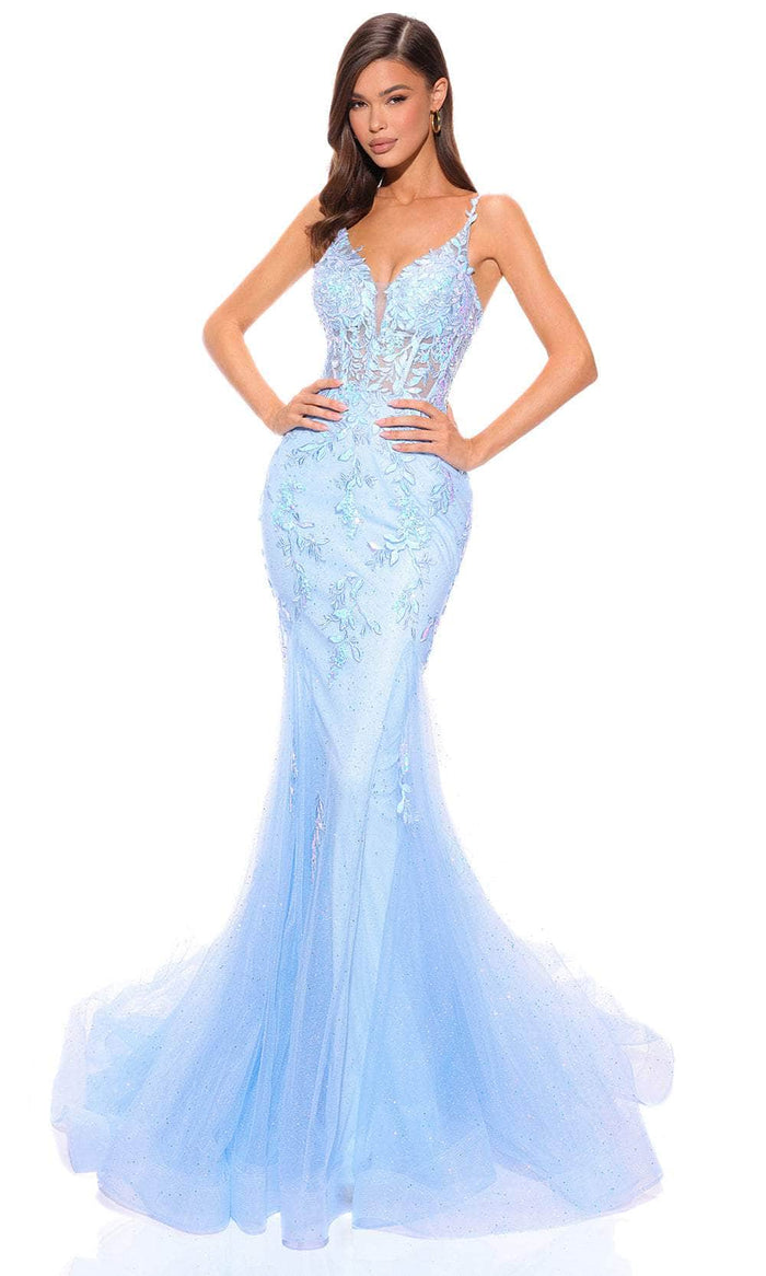Amarra 88755 - Three-Dimensional Floral Embroideries Trumpet Prom Gown Special Occasion Dress 000 / Light Blue