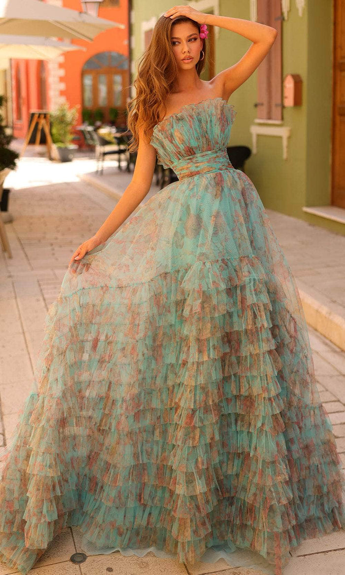 Amarra 88825 - Ruffle Tiered Floral Prom Dress Special Occasion Dress 000 / Aqua/Multi