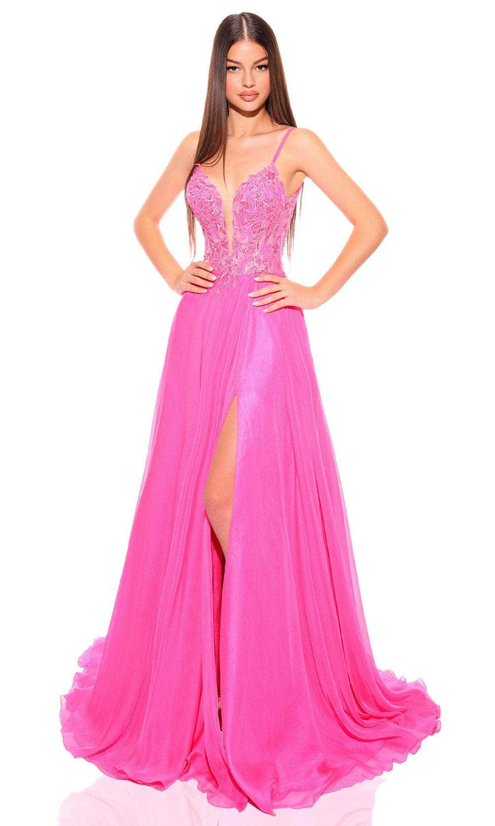 Amarra 88834 - Lace Detailed Prom Dress with Slit Special Occasion Dress 000 / Fuchsia