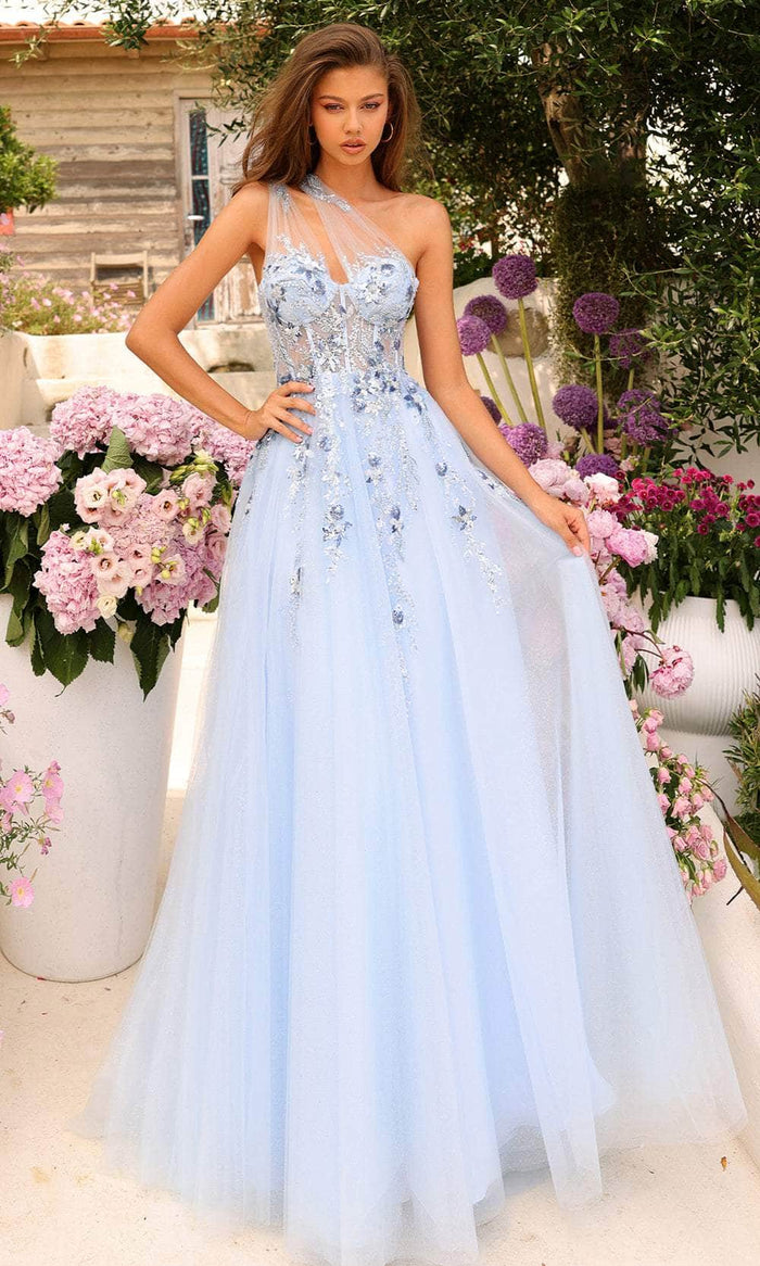Amarra 88838 - Rhinestone Embellished One-Sleeve Prom Dress Special Occasion Dress 000 / Light Blue