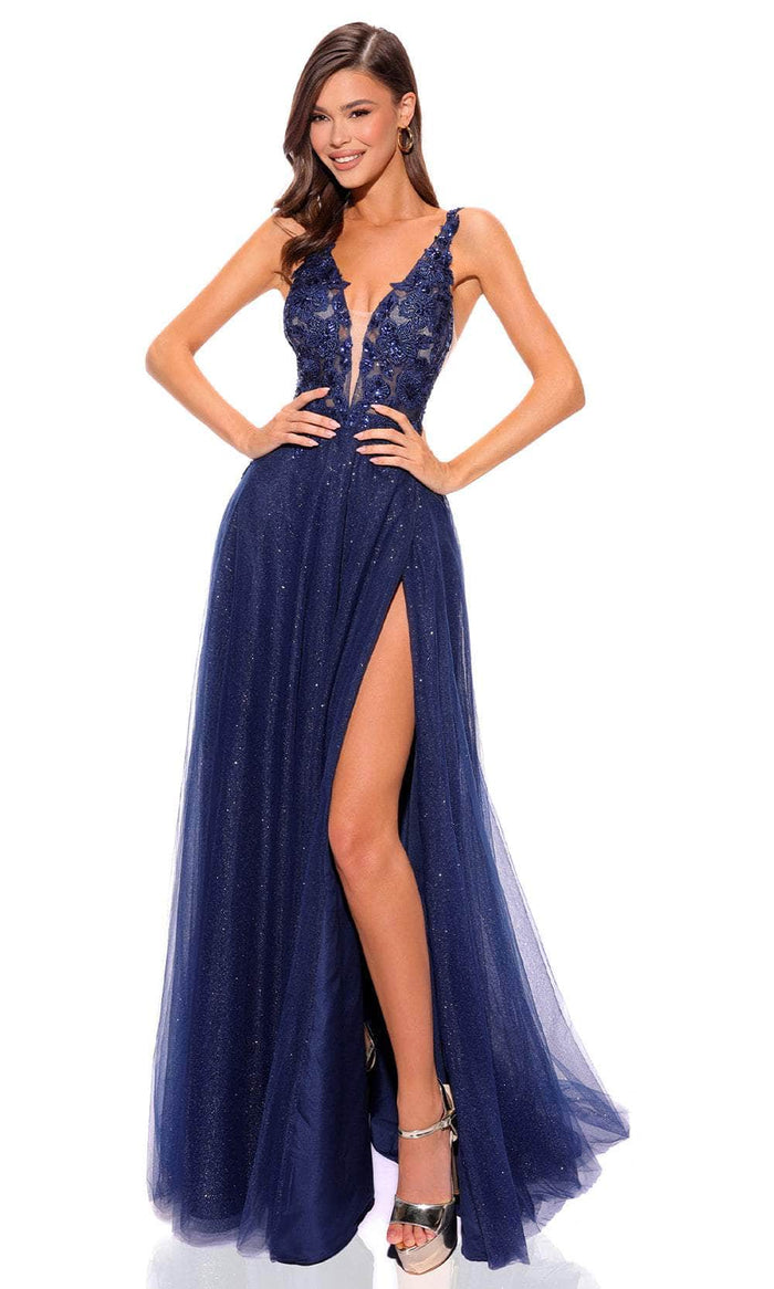 Amarra 88840 - Floral Embroidered Sleeveless Prom Dress Special Occasion Dress 000 / Navy
