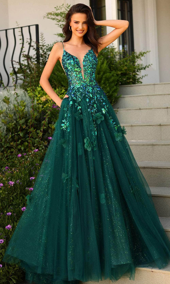 Amarra 88857 - Glitter Leaf Sequins Evening Dress Special Occasion Dress 000 / Emerald