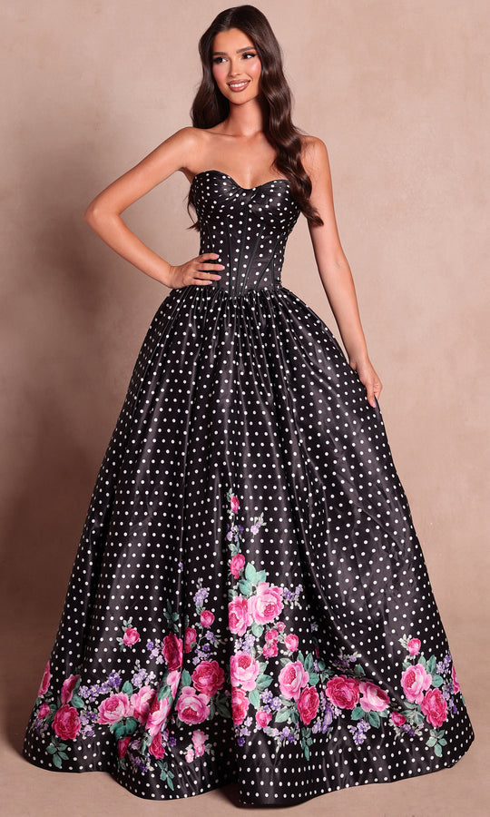 Amarra 89624 Polka Dot Floral Strapless Prom Gown