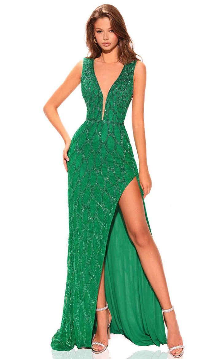 Amarra 94030 - Beaded Plunging V-Neck Evening Dress Special Occasion Dress 000 / Bright Emerald