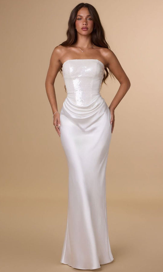 Amoris by Ladivine T744W - Sequin Bodice Draped Long Dress