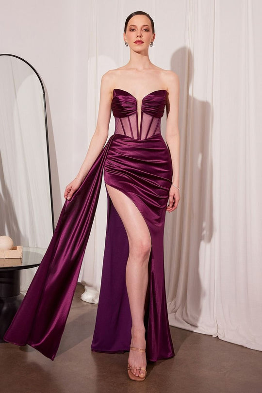Amoris by Ladivine T811 - Strapless Illusion Corset Satin Gown
