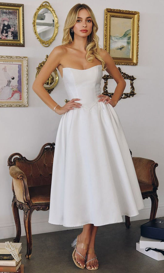 Amoris by Ladivine T822W - Strapless Basque Tea-Length Dress