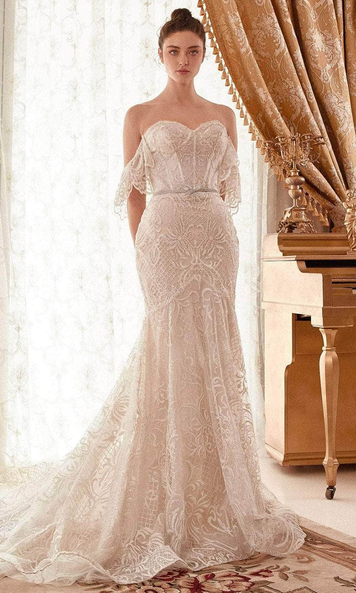 Andrea and Leo A1104W - Off Shoulder Embroidered Bridal Gown Special Occasion Dress 2 / Off White-Nude