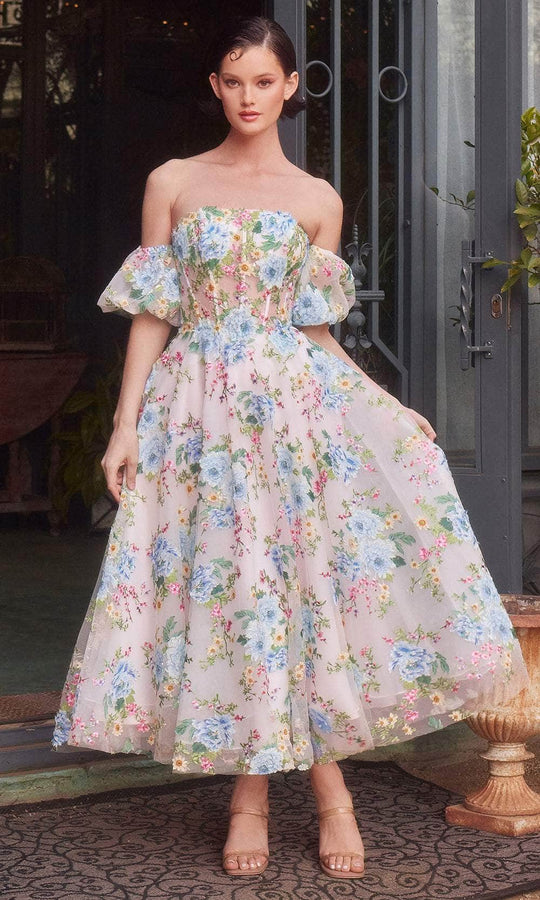Andrea and Leo A1406 - Floral Applique Sweetheart Tea-Length Dress