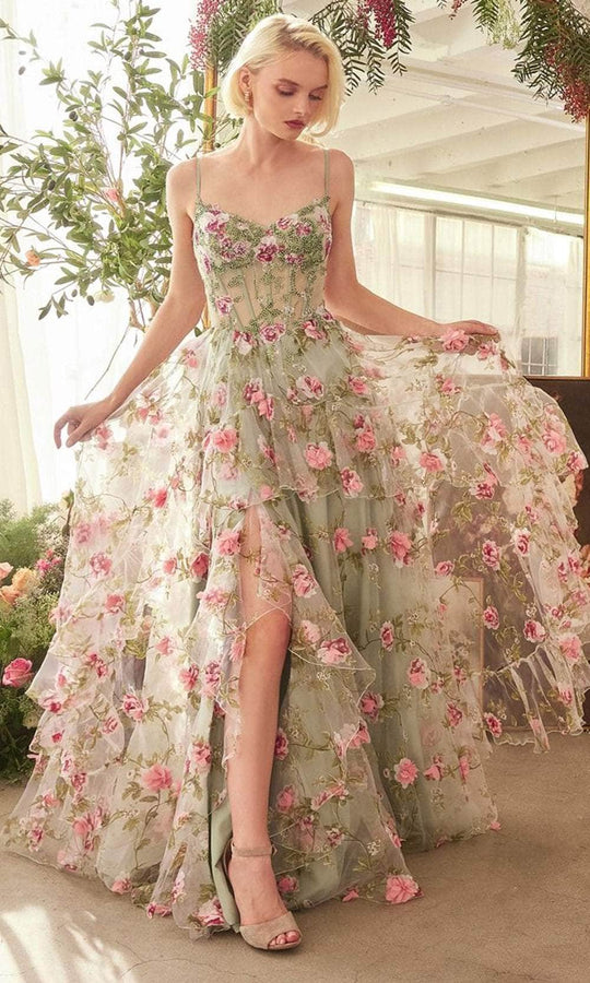 Andrea and Leo A1420 - Floral Print Ruffled A-Line Prom Gown