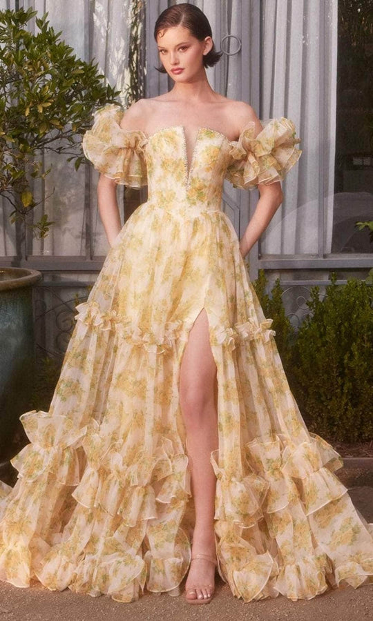 Andrea and Leo A1430 - Deep V-Neck Floral Printed Prom Gown