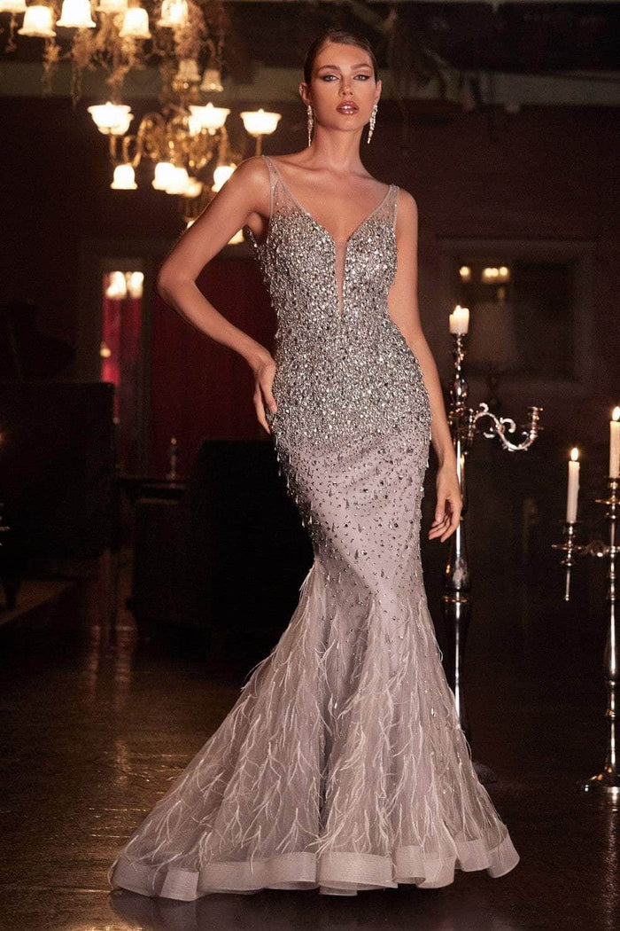 Andrea and Leo B718 - Plunged V-Neck Embellished Prom Gown Prom Dresses 6 / Silver