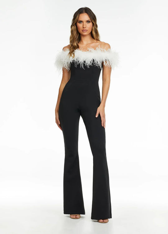 Ashley Lauren - 11100 Feather Neck Off Shoulder Jumpsuit