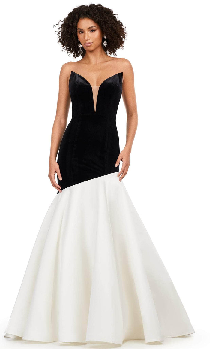 Ashley Lauren 11264 - Strapless Velvet Mermaid Gown Evening Dresses 0 / Black/Ivory