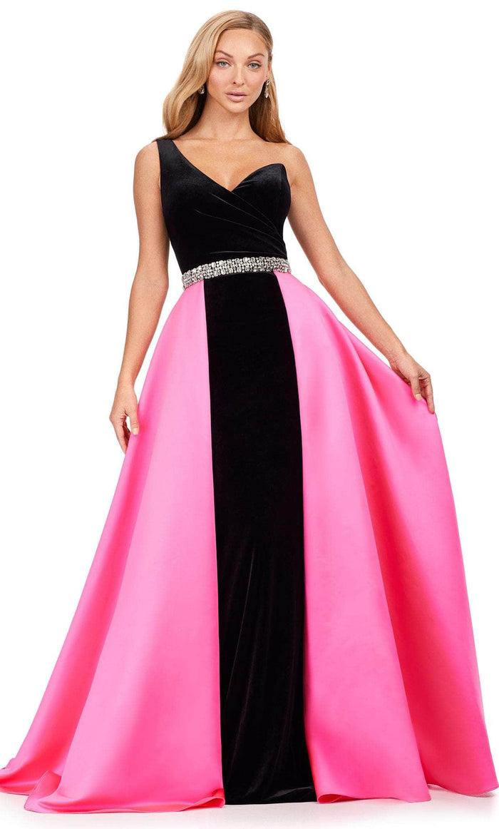 Ashley Lauren 11265 - One Shoulder Velvet-Satin Gown Evening Dresses 0 / Black/Hot Pink