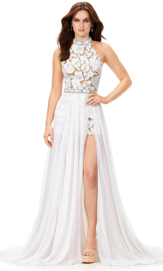 Ashley Lauren 11354 - Beaded Halter Romper With Overskirt
