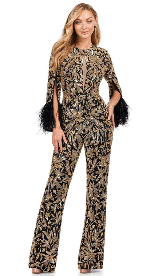 Ashley Lauren 11394 - Feather Detailed Long Sleeve Jumpsuit