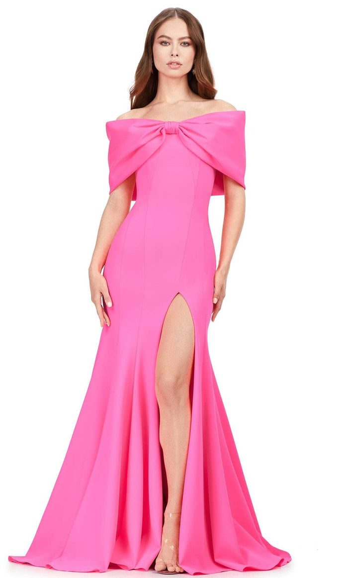 Ashley Lauren 11412 - Bow Designed Off-Shoulder Prom Gown Prom Dresses 00 / Hot Pink