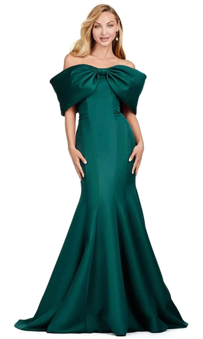 Ashley Lauren 11413 - Bow Accent Satin Mermaid Gown Evening Dresses 0 / Deep Green
