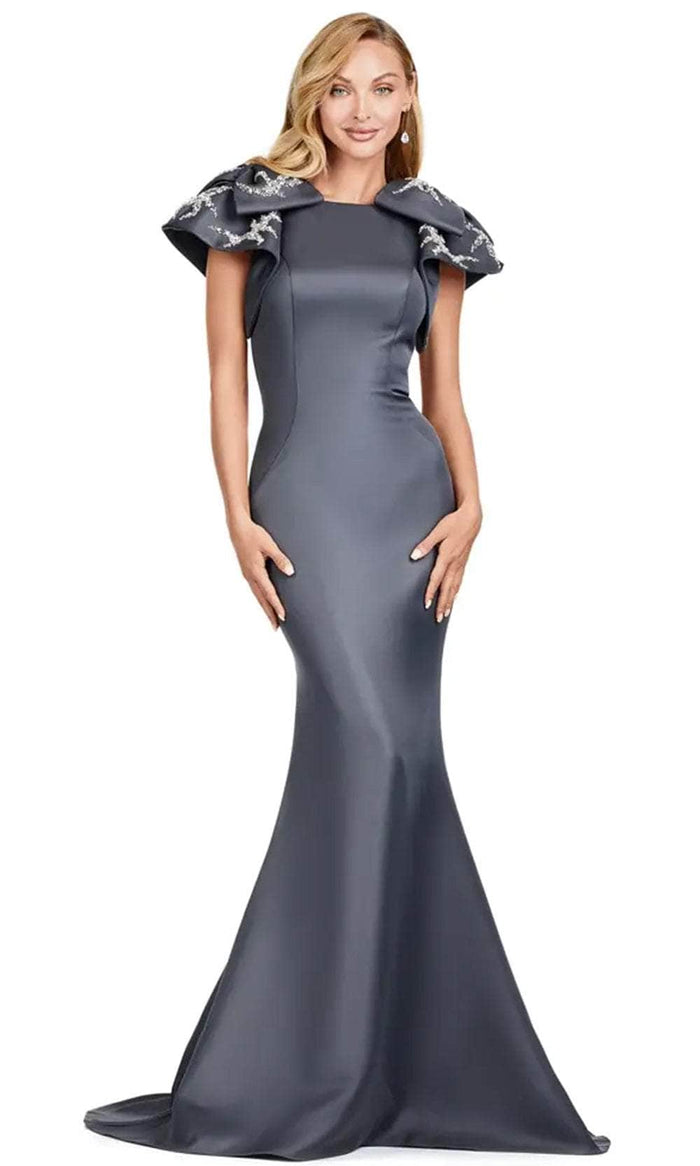 Ashley Lauren 11415 - Bow Accent Shoulder Satin Gown Evening Dresses 0 / Charcoal