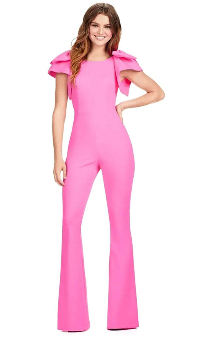 Ashley Lauren 11422 - Bow Accent Sleeve Scuba Jumpsuit Special Occasion Dress 0 / Hot Pink