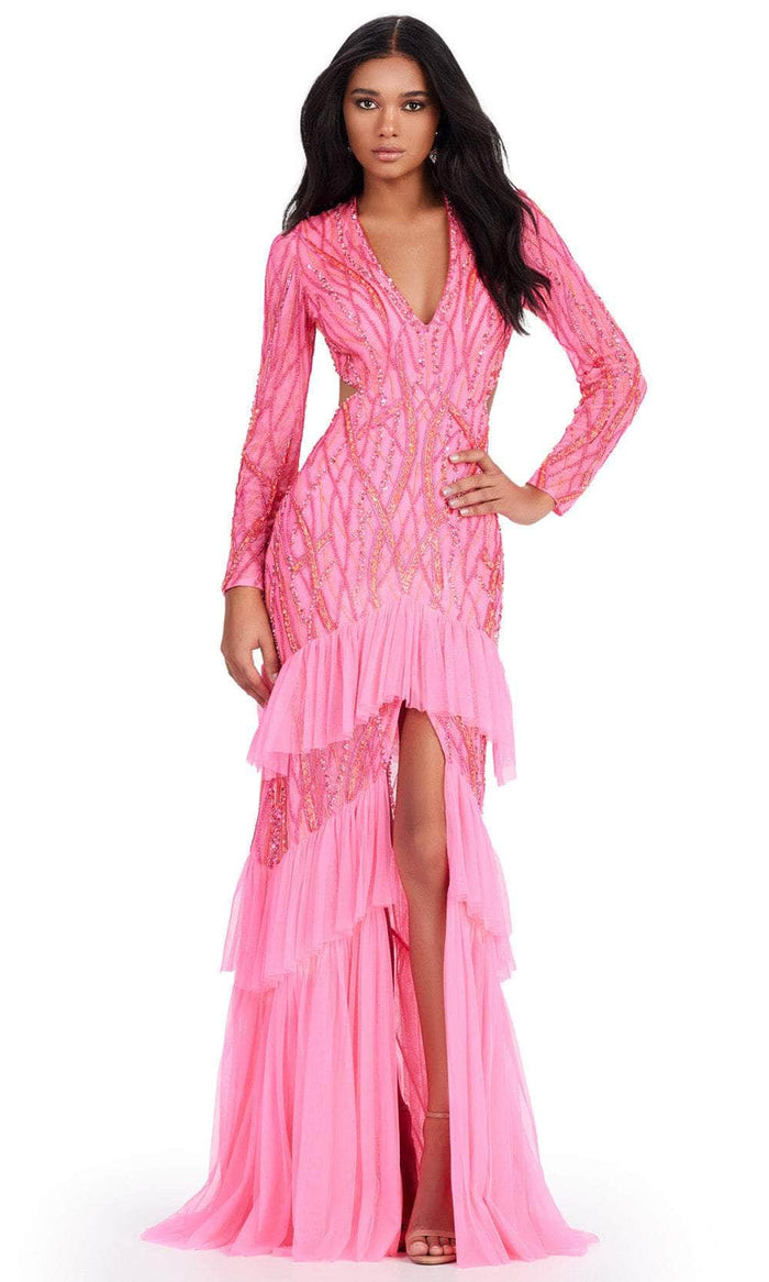 Ashley Lauren 11436 - V-Neck Sequin Embellished Evening Gown Evening Dresses 00 / Hot Pink