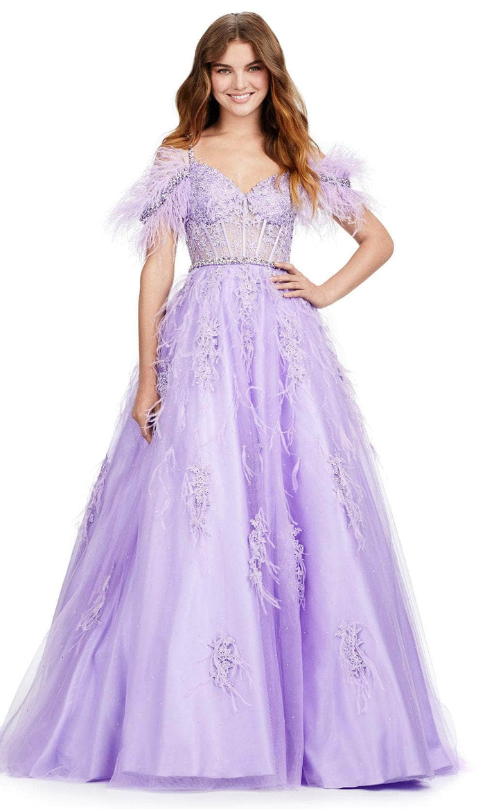 Ashley Lauren 11447 - Feathered Cold Shoulder Evening Gown Evening Dresses 00 / Orchid