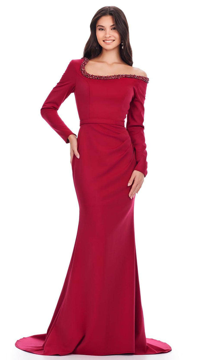 Ashley Lauren 11450 - Beaded Trim Asymmetric Evening Gown Evening Dresses 0 / Burgundy