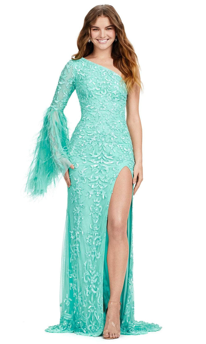 Ashley Lauren 11452 - Feather Bell Sleeve Prom Dress Prom Dresses 0 / Aqua