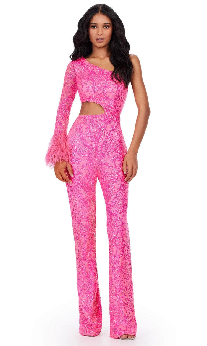 Ashley Lauren 11465 - One-Sleeve Sequin Embellished Jumpsuit Formal Pantsuits 00 / Hot Pink