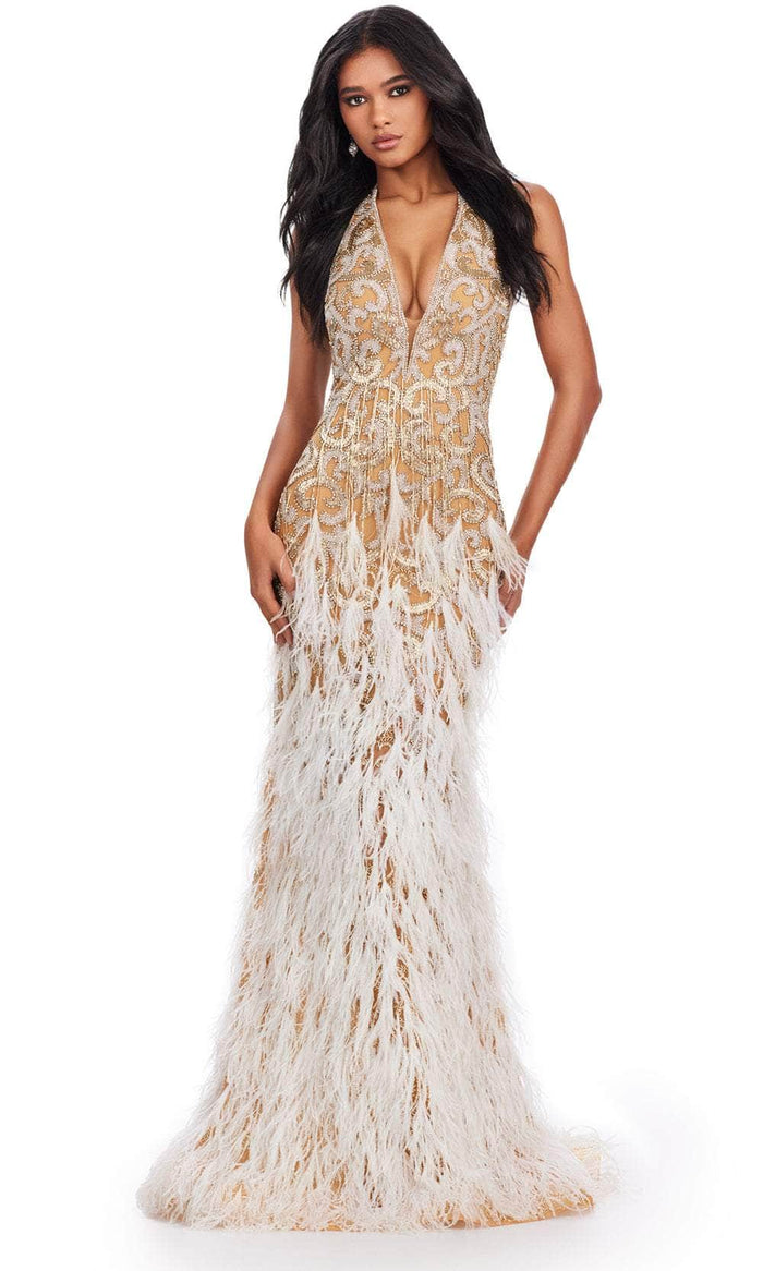 Ashley Lauren 11514 - Fringe Embellished Halter Neck Prom Gown Prom Dresses 0 / Gold