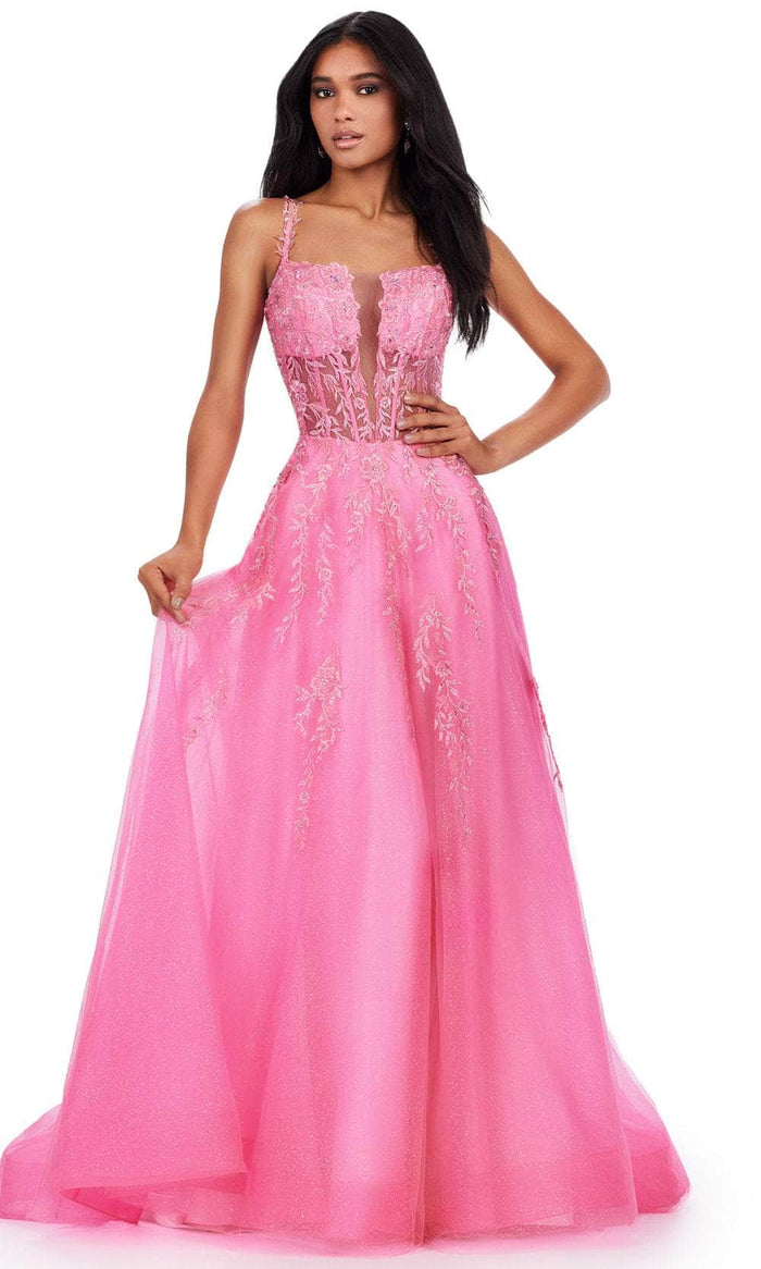 Ashley Lauren 11526 - Foliage Appliqued A-Line Prom Gown Prom Dresses 00 / Hot Pink