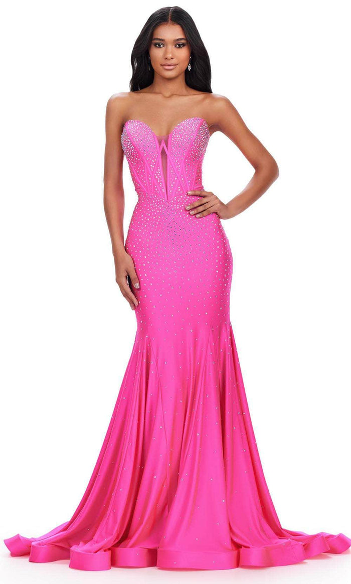 Ashley Lauren 11560 - Plunging Sweetheart Beaded Evening Gown Special Occasion Dress 00 / Hot Pink