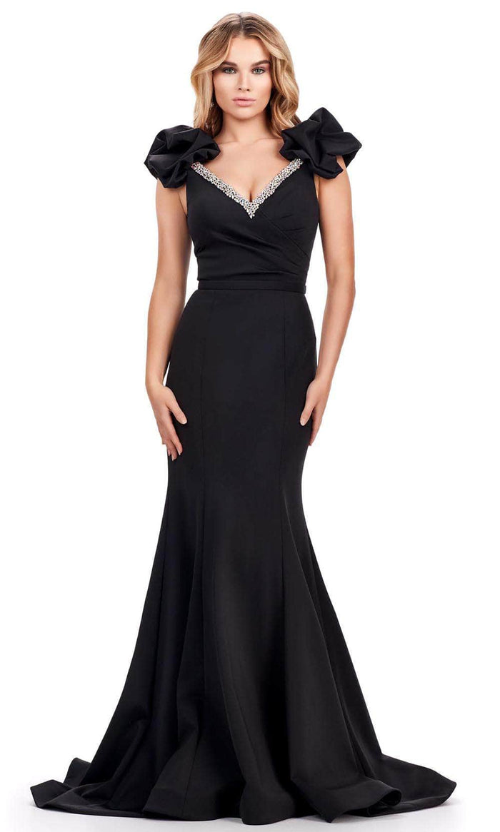 Ashley Lauren 11615 - Puffed Sleeve Mermaid Evening Gown Evening Dresses 00 / Black