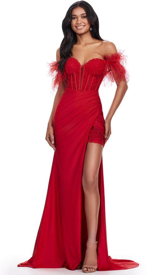 Ashley Lauren 11618 - Feathered Off Shoulder Prom Gown