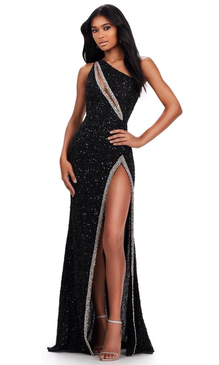 Ashley Lauren 11635 - Asymmetric Cutout Sequin Prom Gown Prom Dresses 0 / Black
