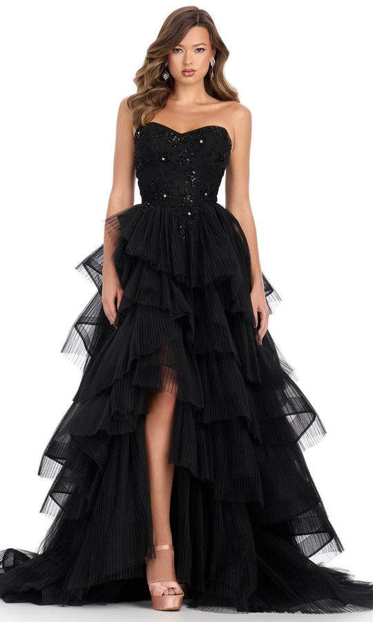 Ashley Lauren 11845 - Floral Adorned Strapless Tulle Prom Gown