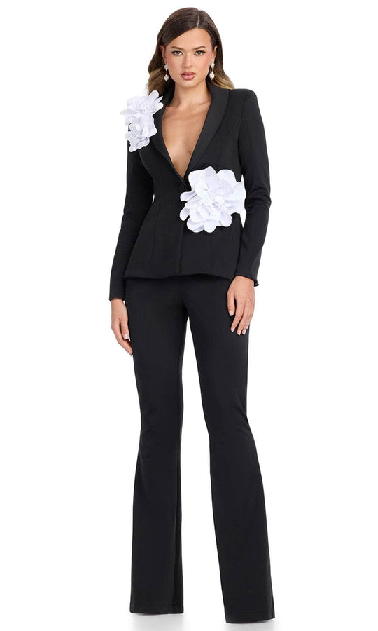 Ashley Lauren 11946 - 3D Floral Plunging V-Neck Jumpsuit