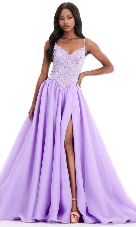 Ashley Lauren 12047 - Beaded V-Neck Organza Ballgown with Slit