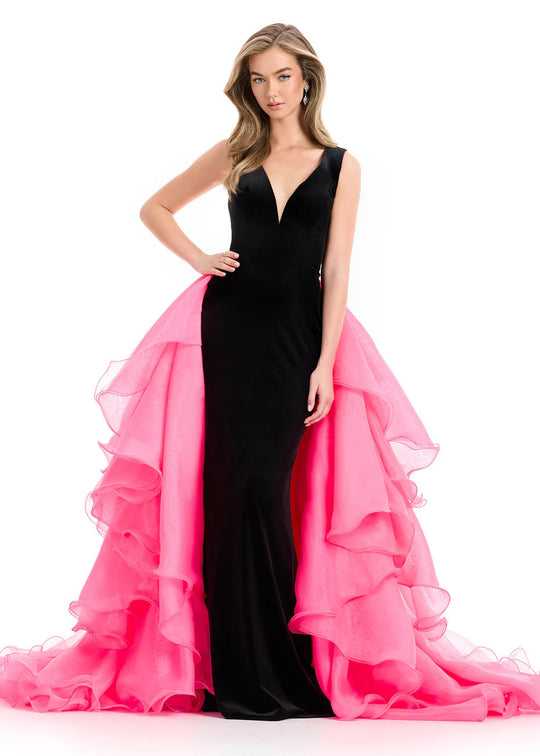 Ashley Lauren 12049 - V-Neckline Velvet Gown with Ruffle Overskirt