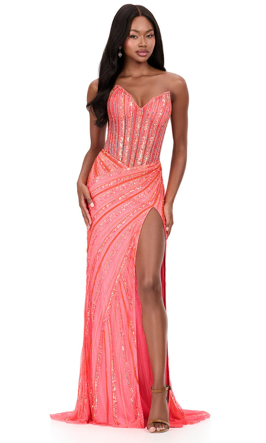 Ashley Lauren 12150 - V-Neckline Beaded Ornate Slit Dress