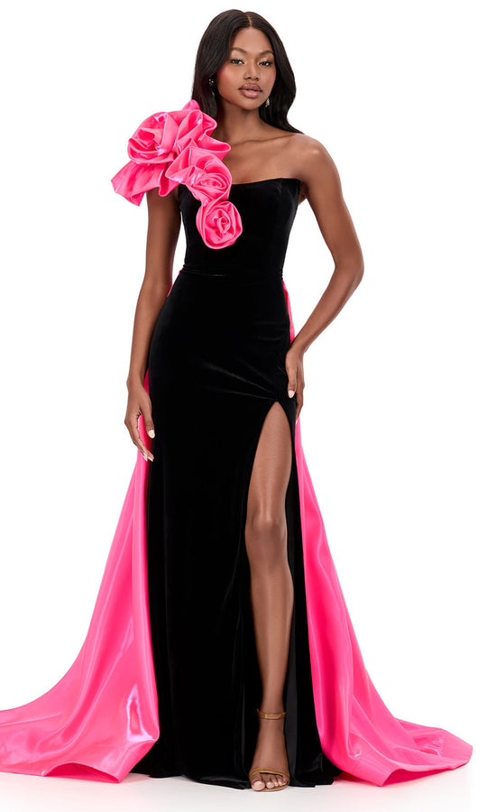 Ashley Lauren 12174 - Oversized 3D Floral Velvet Asymmetric Gown