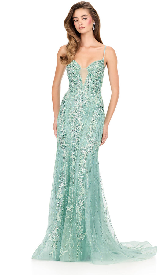 Ashley Lauren 12221 - Metallic Applique Plunging Illusion Gown