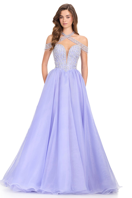 Ashley Lauren 12393 - Crisscross Halter Beaded Top Prom Ballgown