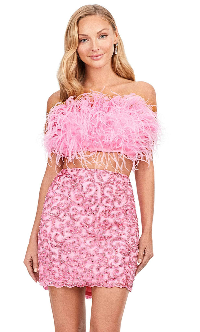 Ashley Lauren 4599 - Feather Bustier Strapless Cocktail Dress Cocktail Dresses 00 / Candy Pink