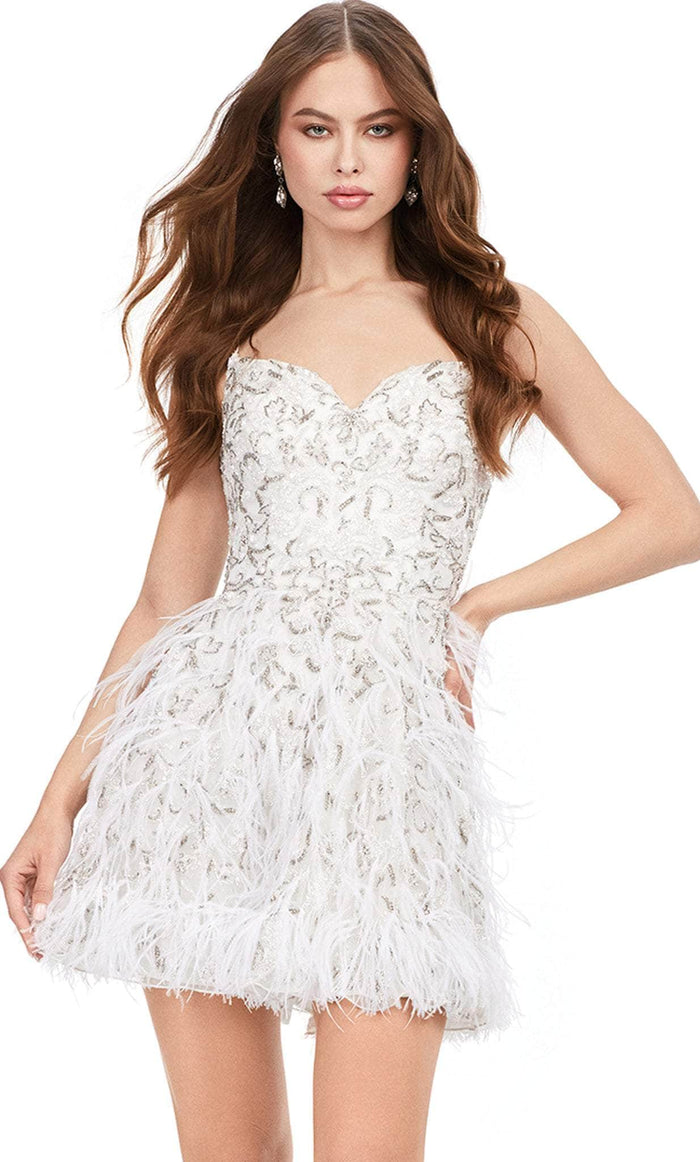 Ashley Lauren 4604 - Beaded Feathers A-Line Cocktail Dress Cocktail Dresses 00 / Ivory