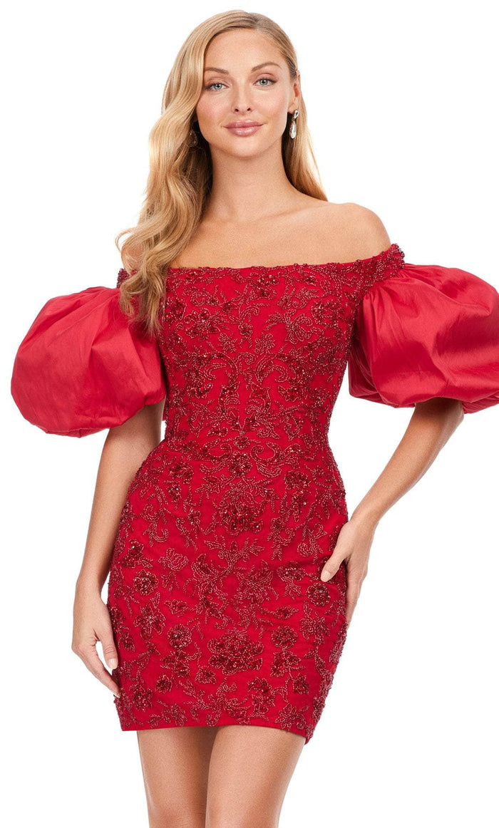 Ashley Lauren 4609 - Oversized Puff Sleeve Beaded Cocktail Dress Cocktail Dresses 0 / Red