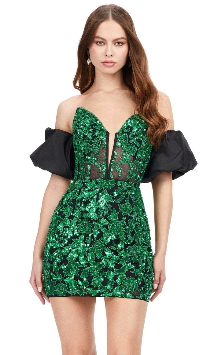 Ashley Lauren 4614 - Strapless Beaded Cocktail Dress Homecoming Dresses 0 / Emerald/Black