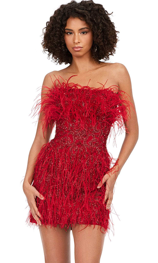 Ashley Lauren 4615 - Beaded Strapless Feather Cocktail Dress
